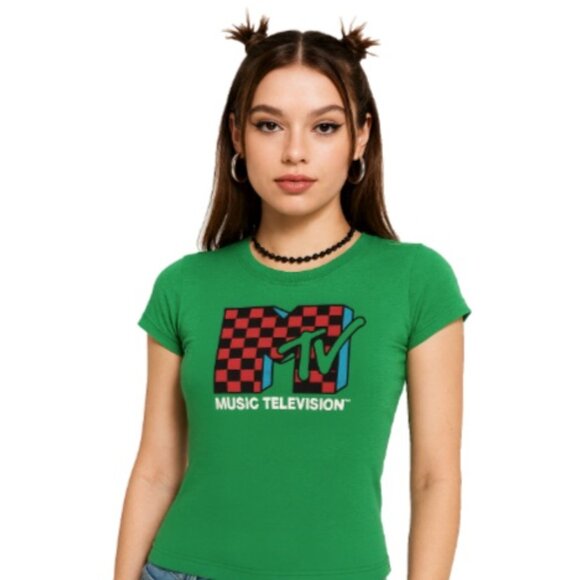 MTV Music‎ Television Y2K Baddie Inspired Baby Tee Green Checkered Gothcore S - Picture 1 of 11